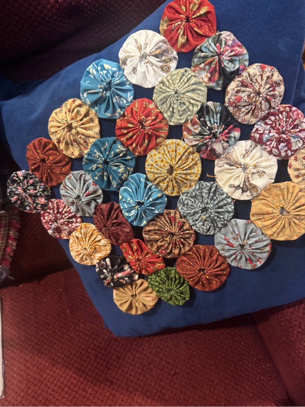 Handmade Fabric Yo-Yo Table  Top in Mixed Colors